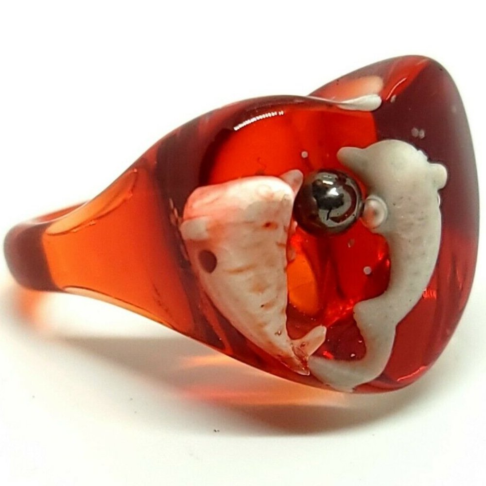 Vintage juicy Translucent Red Lucite Playing Dolphins Heart shape Cocktail Ring